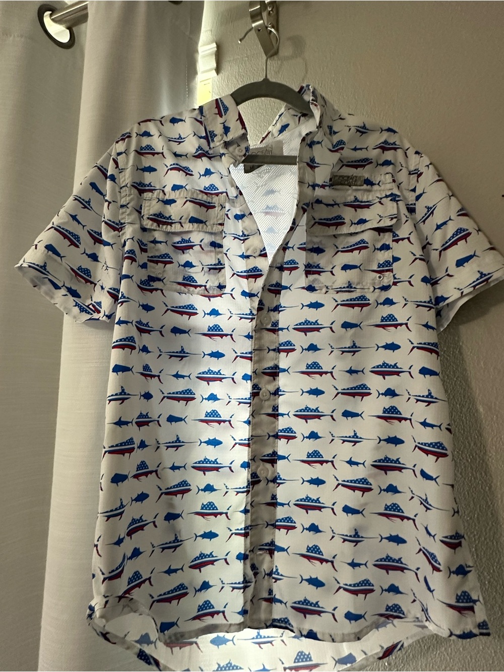 Boy’s Fishing Shirt Fish Print Shirt, Red, White, and Blue